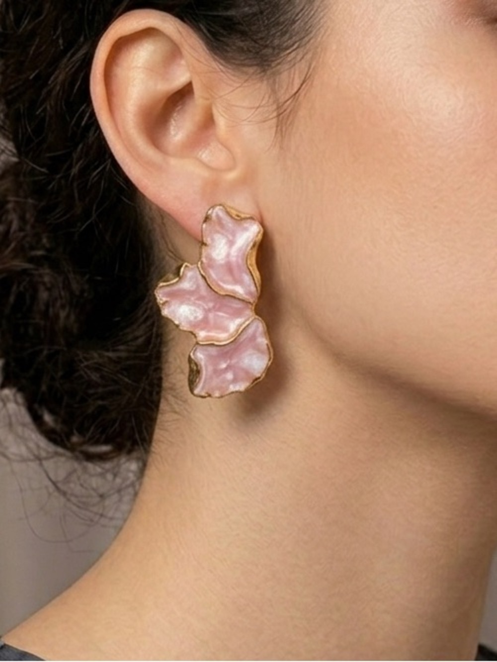 Pink Gold-Trim Organic Petal Drop Earrings - Women Jewelry - Picture 3 of 4